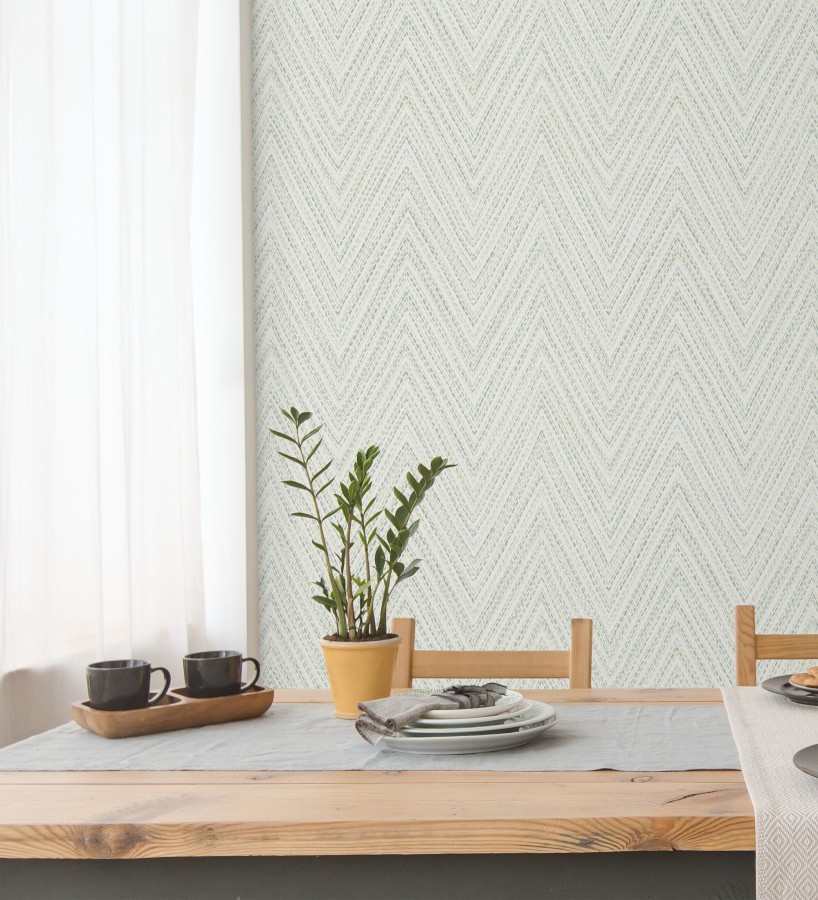 Papel pintado de espigas verde y celeste efecto textil bordado  Pembroke Woven 683730