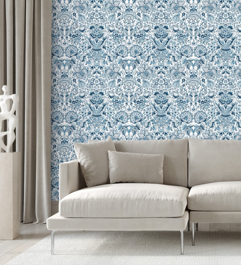 Papel pintado de granadas y jarrones color azul porcelana  Sabine Deft 683732
