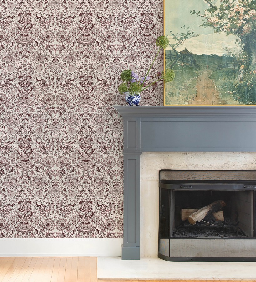 Papel pintado de granadas y jarrones color rojo burdeos   Sabine Deft 683733