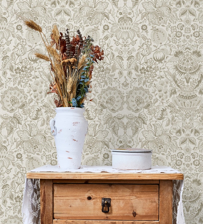 Papel pintado granadas y jarrones color beige lino  Sabine Deft 683734