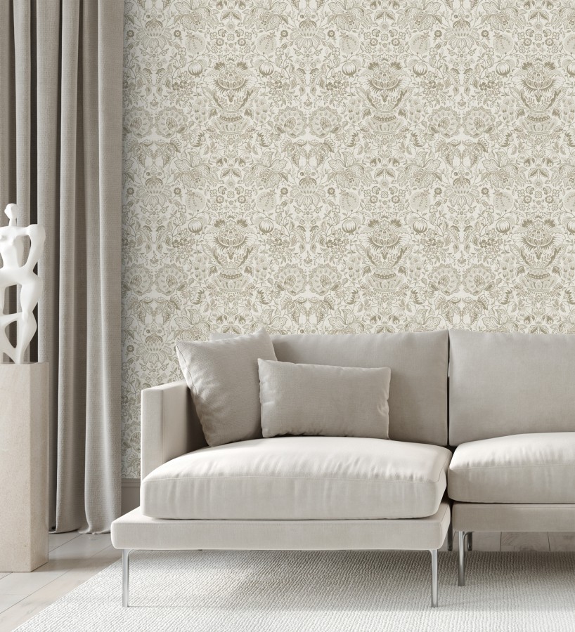 Papel pintado granadas y jarrones color beige lino  Sabine Deft 683734