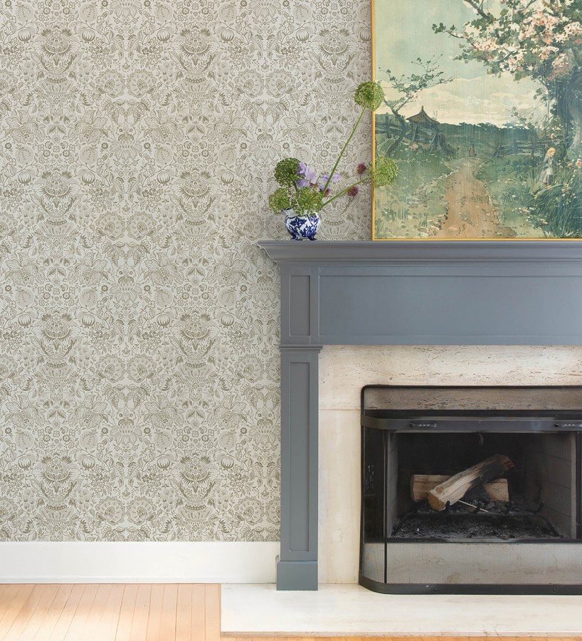 Papel pintado granadas y jarrones color beige lino  Sabine Deft 683734