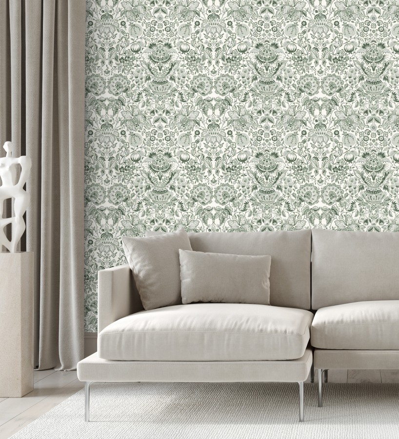 Papel pintado granadas y jarrones color verde aceituna  Sabine Deft 683735