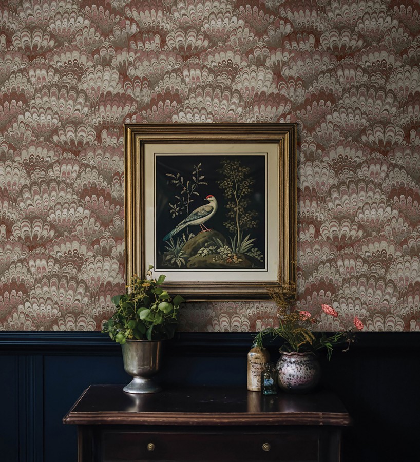 Papel pintado caleidoscopio de ondas tonos rojizos  Bloomsbury 683736