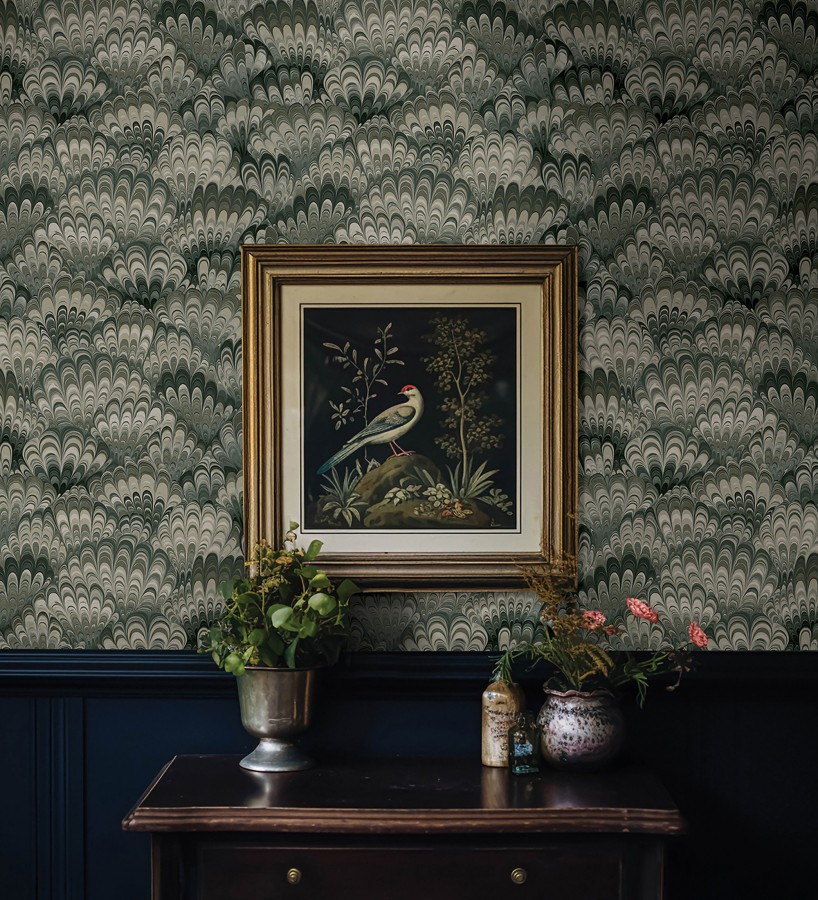 Papel pintado caleidoscopio de ondas tonos verdes  Bloomsbury 683737