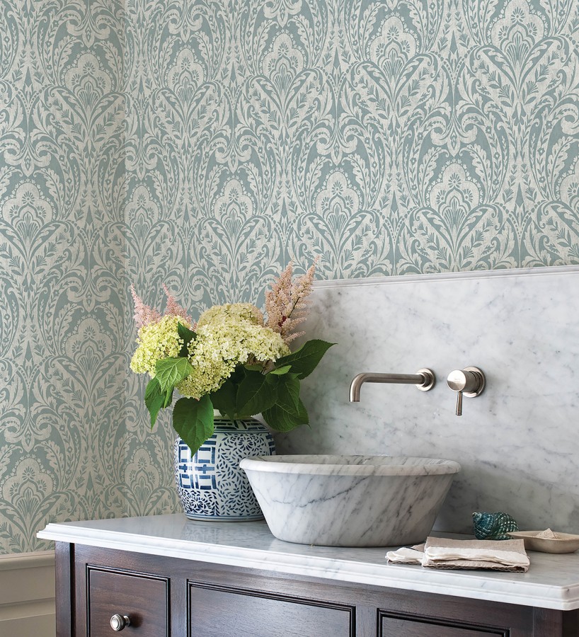 Papel pintado damasco étnico desgastado tonos verde agua  Clarendon Heritage 683740