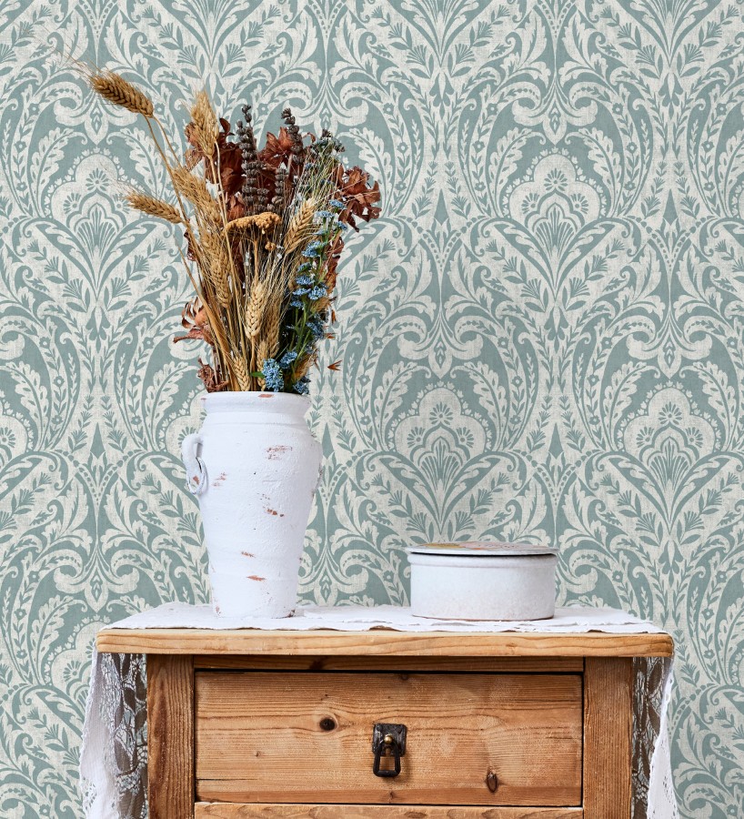 Papel pintado damasco étnico desgastado tonos verde agua  Clarendon Heritage 683740