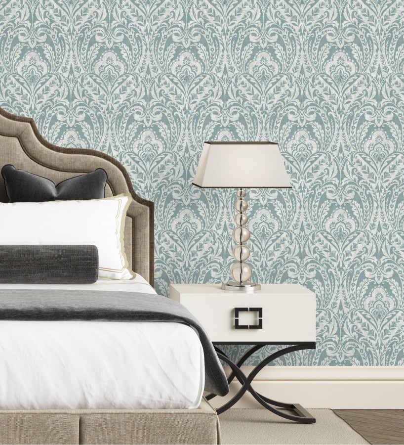 Papel pintado damasco étnico desgastado tonos verde agua  Clarendon Heritage 683740