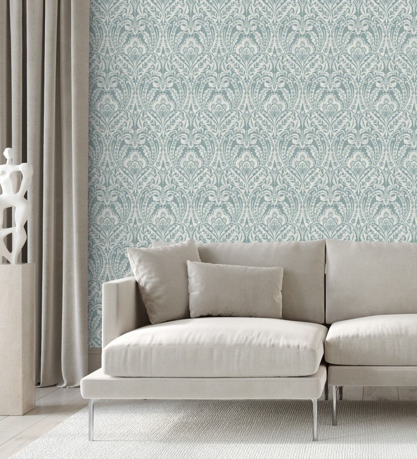 Papel pintado damasco étnico desgastado tonos verde agua  Clarendon Heritage 683740