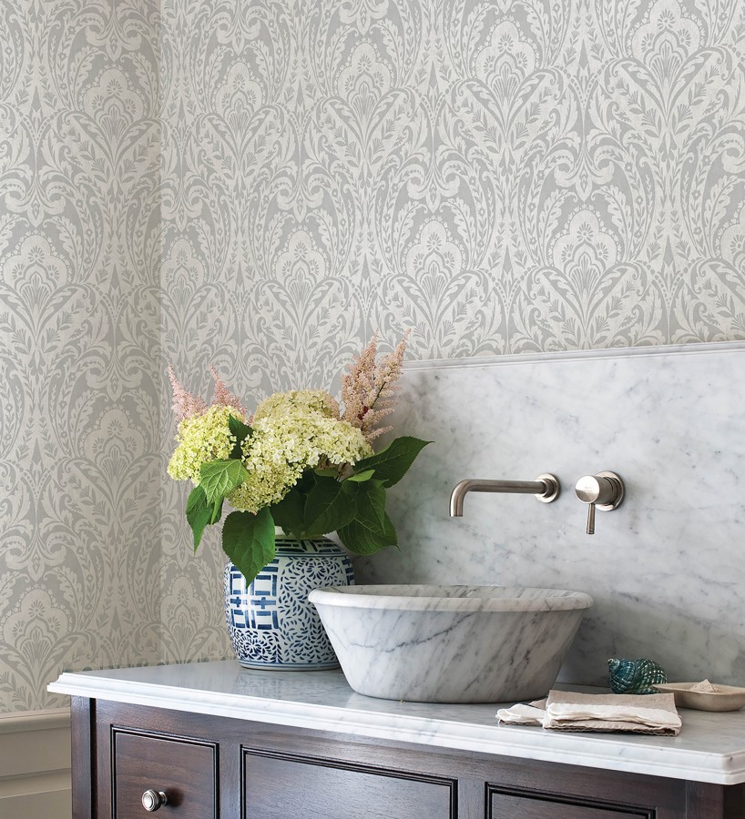 Papel pintado damasco étnico desgastado tonos gris visón  Clarendon Heritage 683741