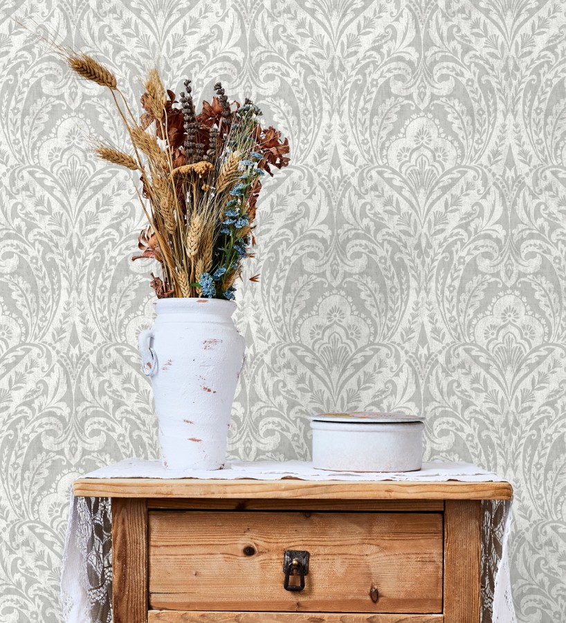 Papel pintado damasco étnico desgastado tonos gris visón  Clarendon Heritage 683741