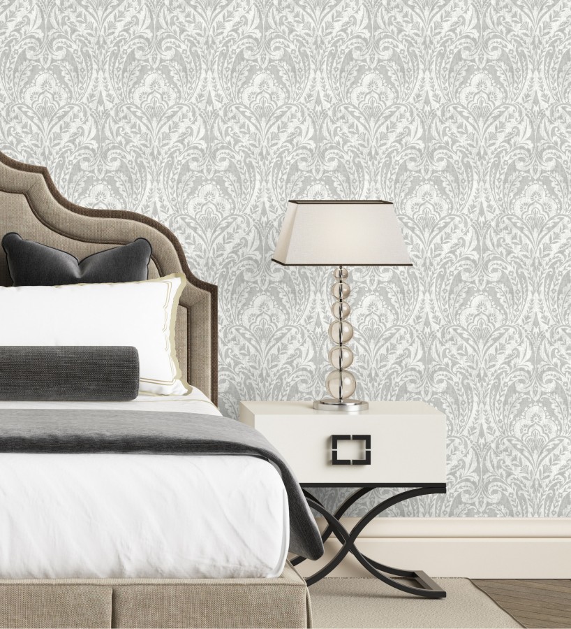 Papel pintado damasco étnico desgastado tonos gris visón  Clarendon Heritage 683741