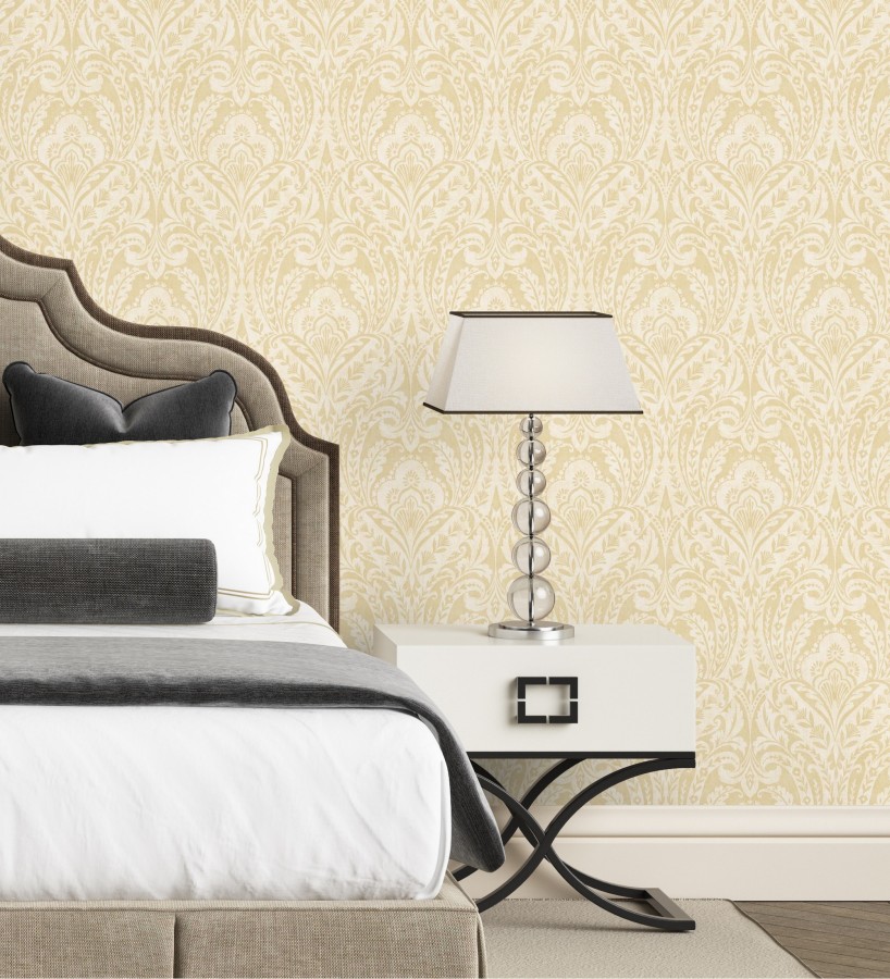 Papel pintado damasco étnico desgastado tonos amarillo mostaza  Clarendon Heritage 683743