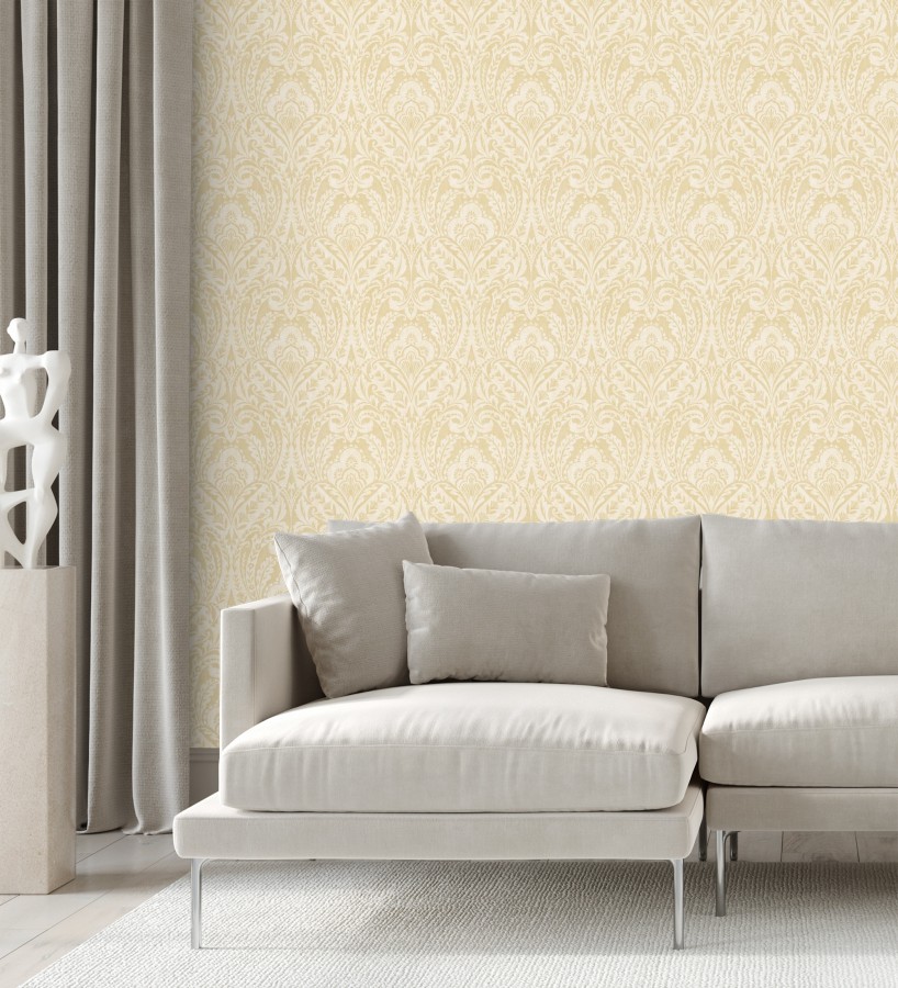 Papel pintado damasco étnico desgastado tonos amarillo mostaza  Clarendon Heritage 683743