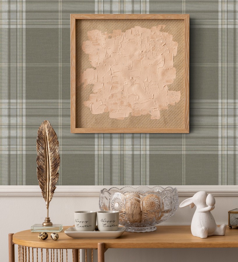 Papel pintado de cuadros escoceses con textura textil tonos visón  Edinburgh Glencheck 683744