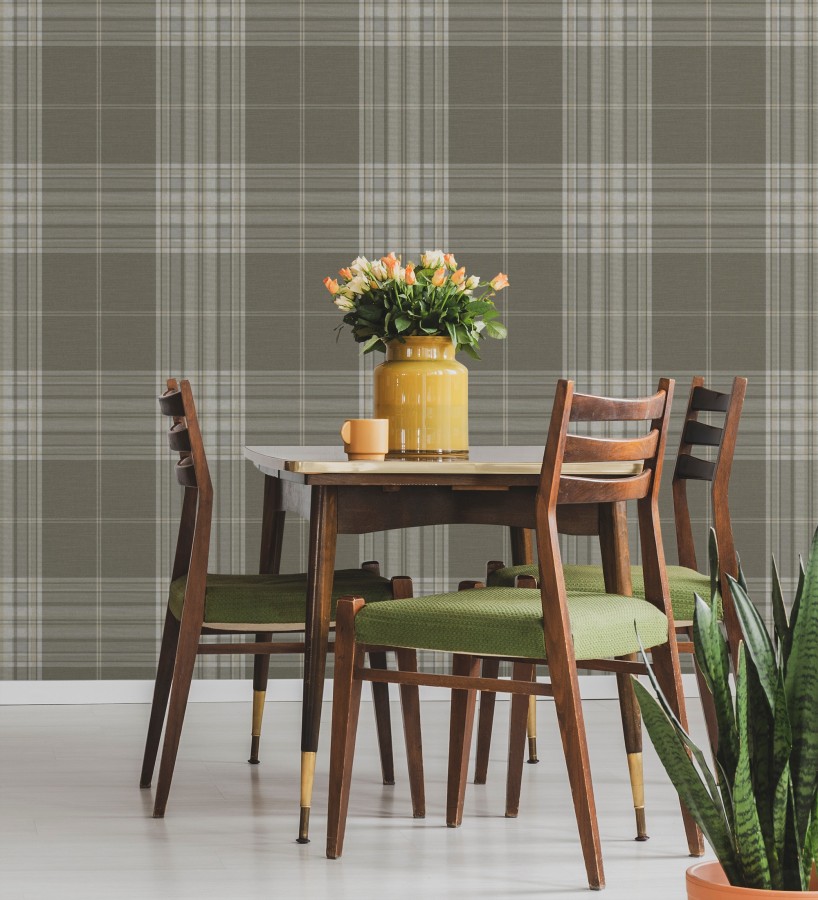 Papel pintado de cuadros escoceses con textura textil tonos visón  Edinburgh Glencheck 683744