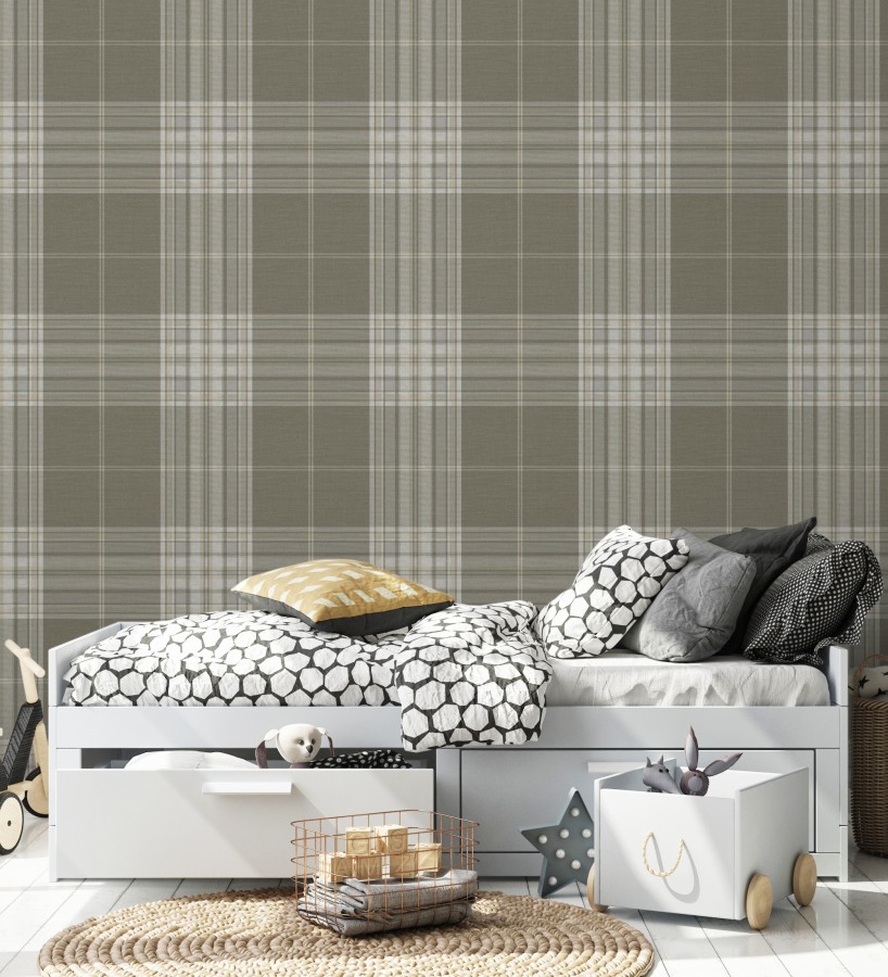 Papel pintado de cuadros escoceses con textura textil tonos visón  Edinburgh Glencheck 683744