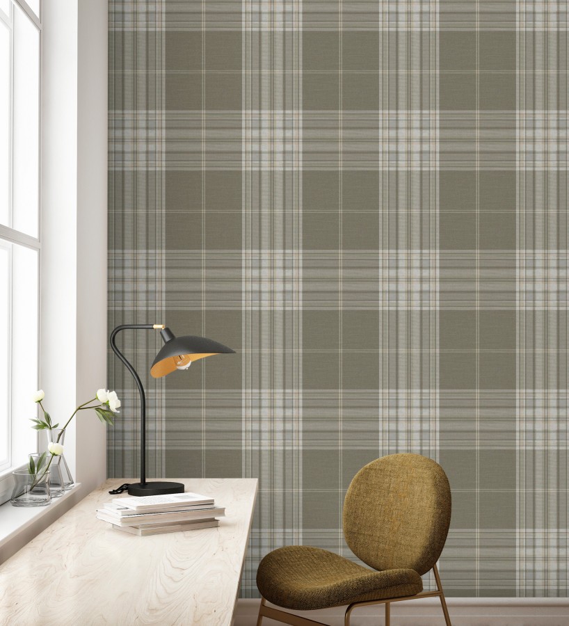 Papel pintado de cuadros escoceses con textura textil tonos visón  Edinburgh Glencheck 683744