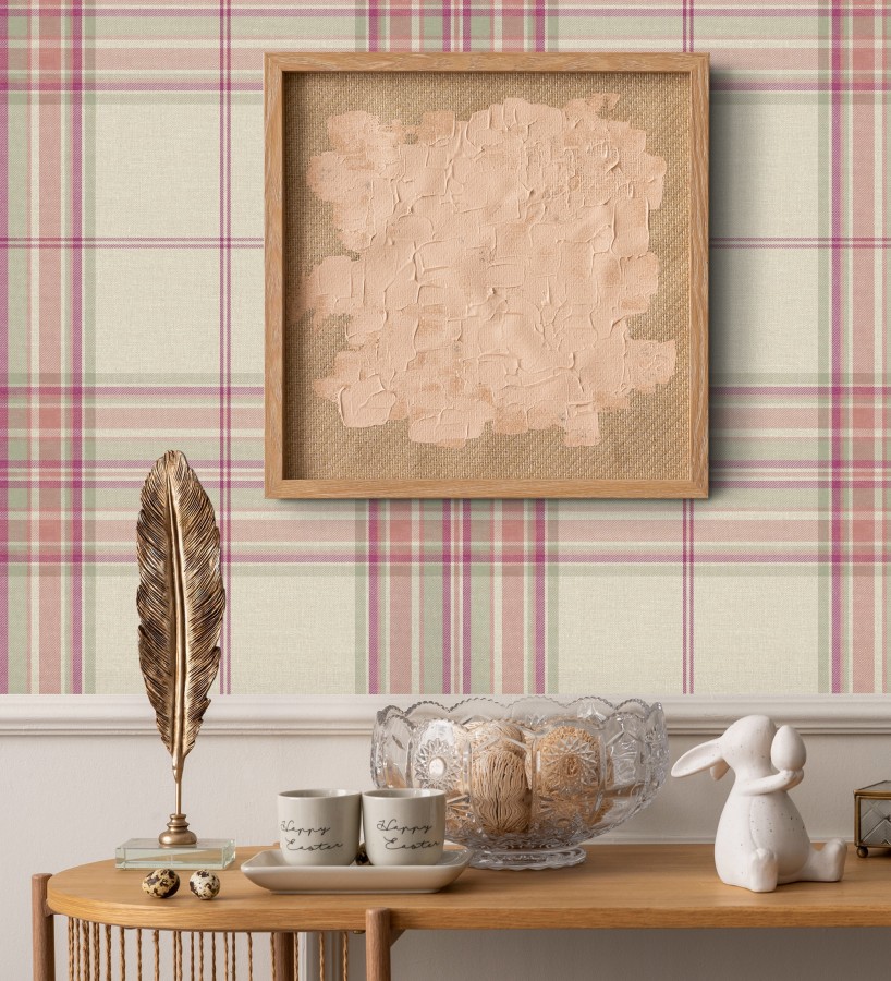 Papel pintado de cuadros escoceses con textura textil tonos magenta y verde  Edinburgh Glencheck 683745