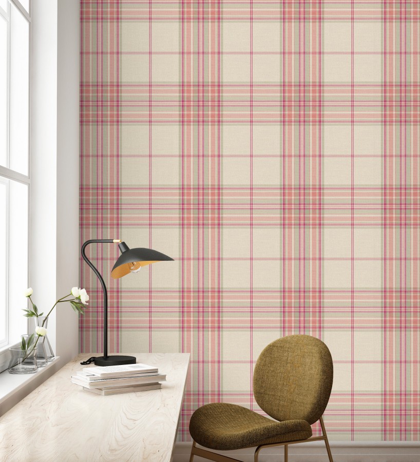 Papel pintado de cuadros escoceses con textura textil tonos magenta y verde  Edinburgh Glencheck 683745