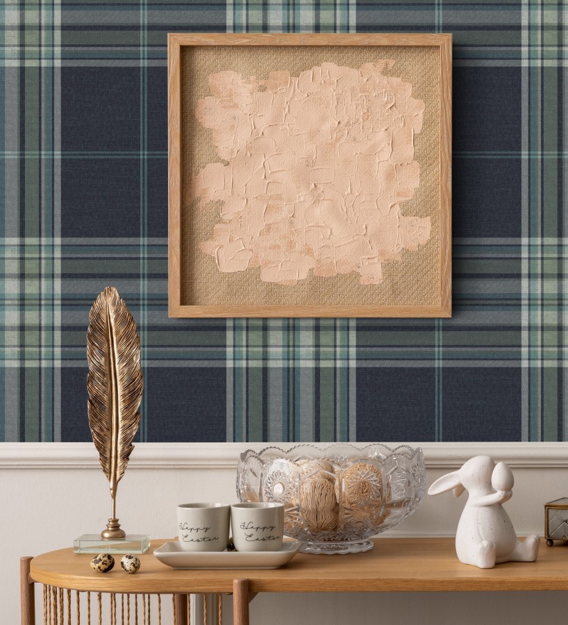 Papel pintado de cuadros escoceses con textura textil tonos azules y verdes  Edinburgh Glencheck 683746