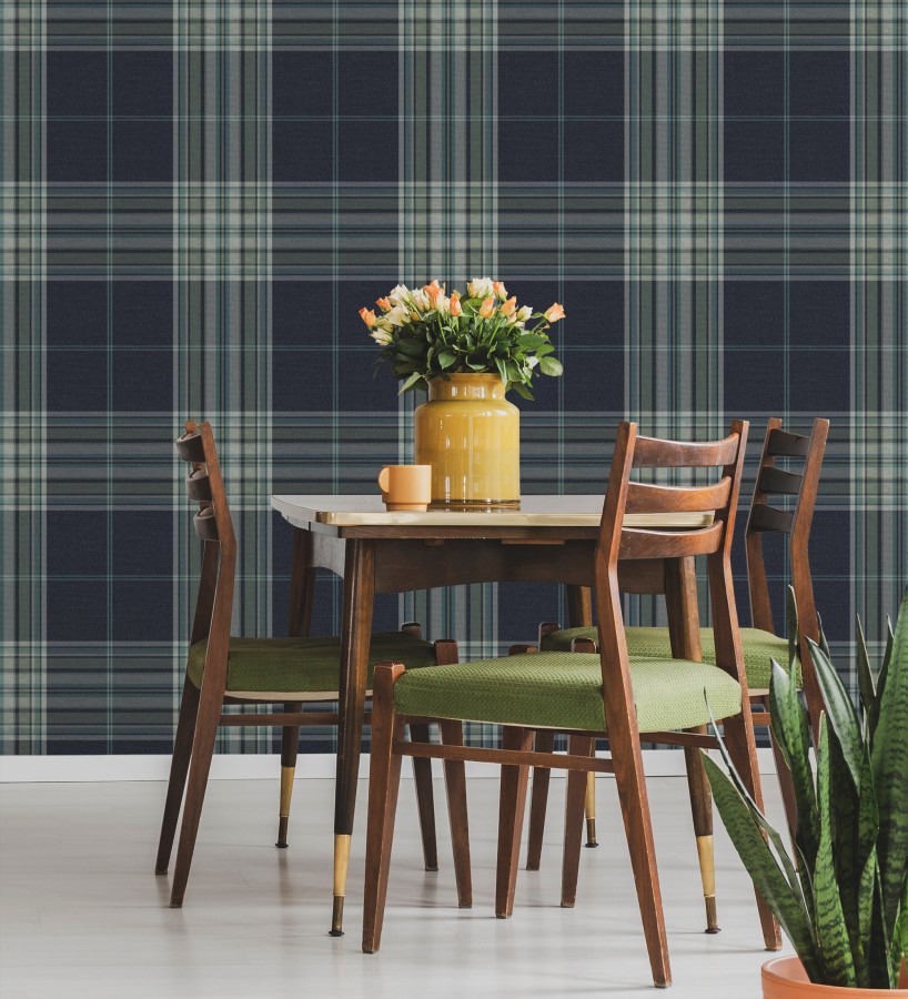 Papel pintado de cuadros escoceses con textura textil tonos azules y verdes  Edinburgh Glencheck 683746