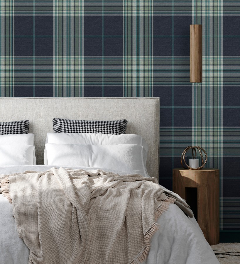 Papel pintado de cuadros escoceses con textura textil tonos azules y verdes  Edinburgh Glencheck 683746