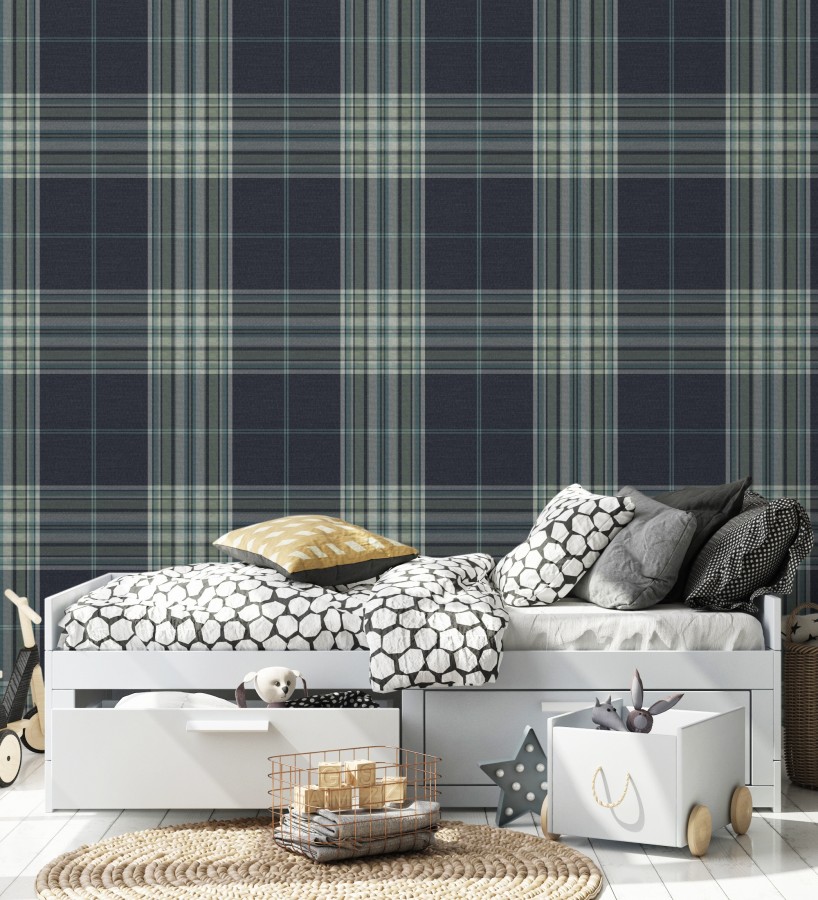 Papel pintado de cuadros escoceses con textura textil tonos azules y verdes  Edinburgh Glencheck 683746