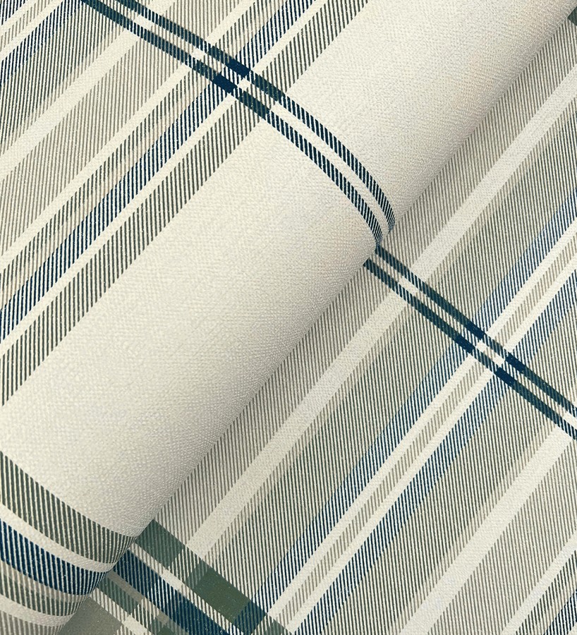 Papel pintado de cuadros escoceses con textura textil tonos crema azul y verde  Edinburgh Glencheck 683747