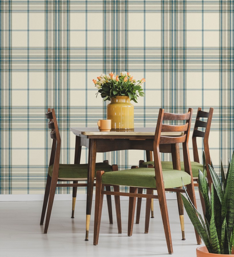 Papel pintado de cuadros escoceses con textura textil tonos crema azul y verde  Edinburgh Glencheck 683747