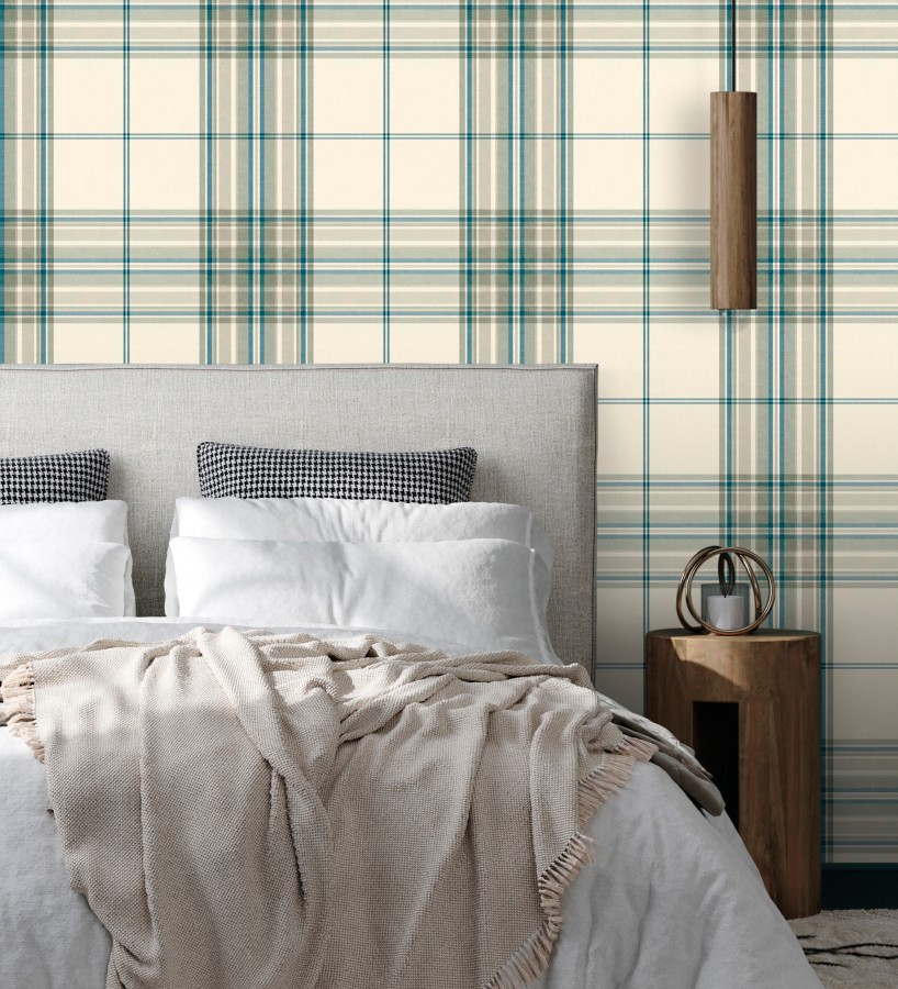 Papel pintado de cuadros escoceses con textura textil tonos crema azul y verde  Edinburgh Glencheck 683747
