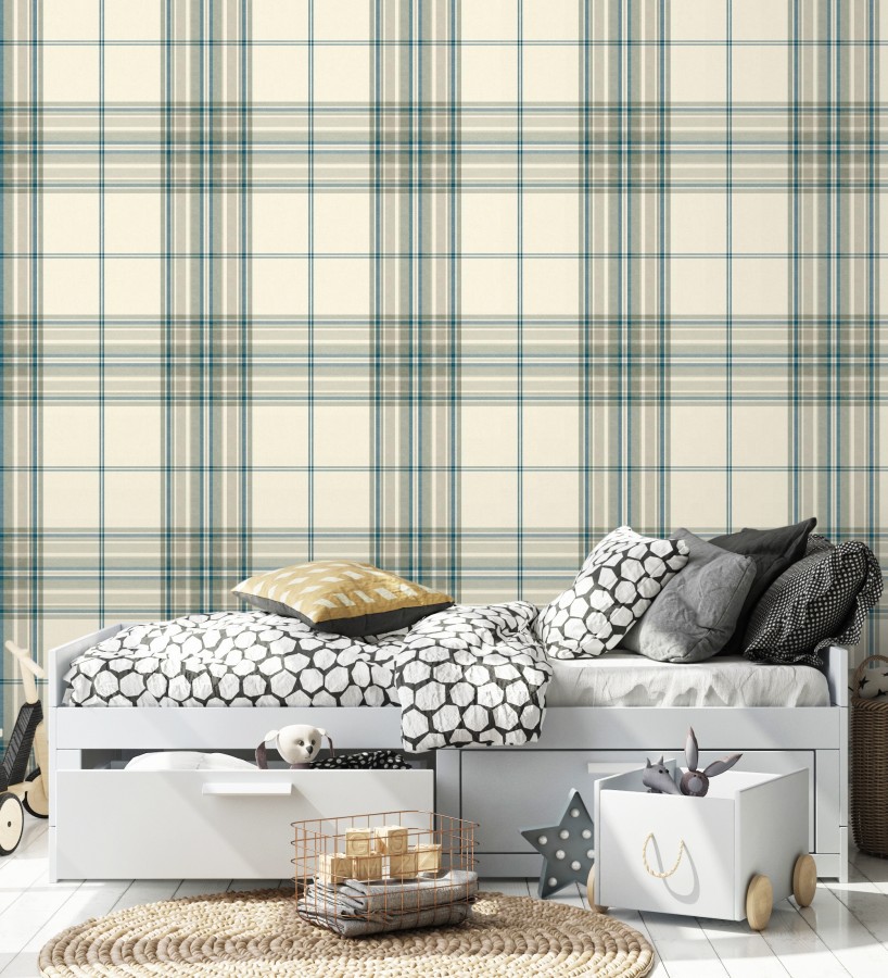 Papel pintado de cuadros escoceses con textura textil tonos crema azul y verde  Edinburgh Glencheck 683747