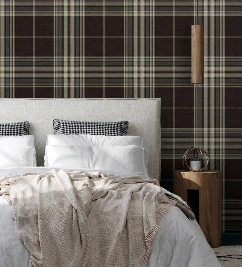 Papel pintado de cuadros escoceses con textura textil tonos marrones  Edinburgh Glencheck 683748