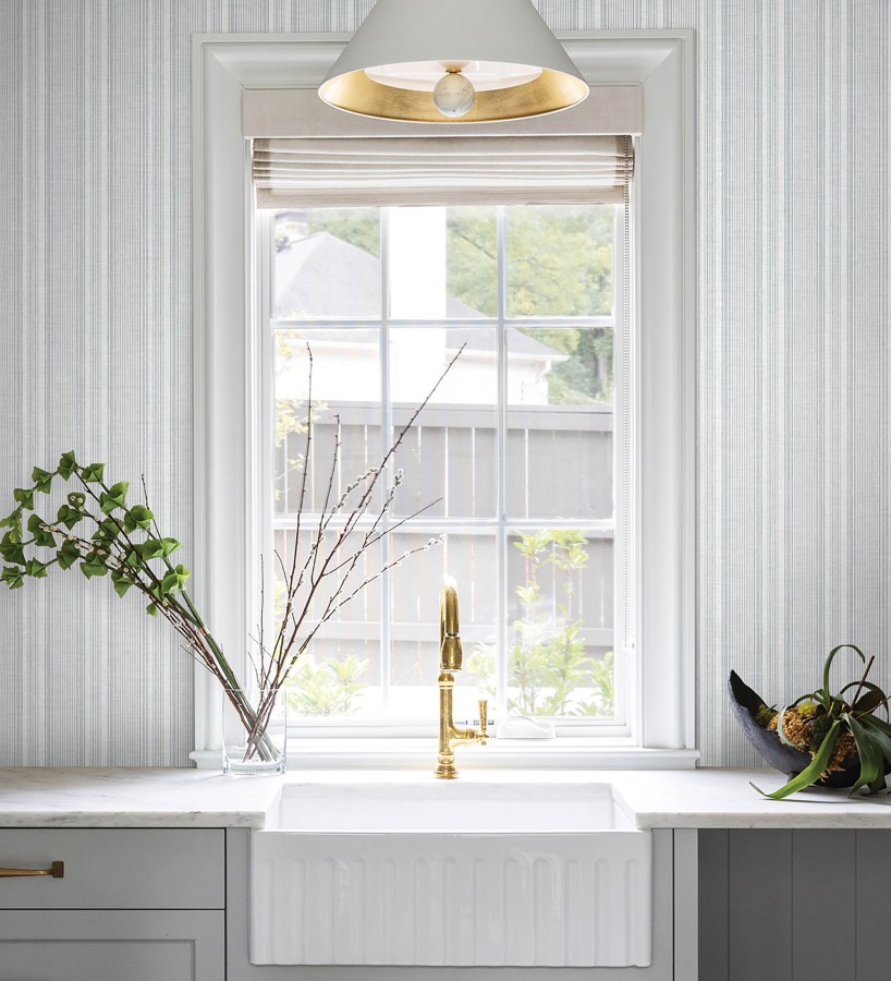 Papel pintado rayas denim efecto lino natural  Kensington Pinstripe 683753