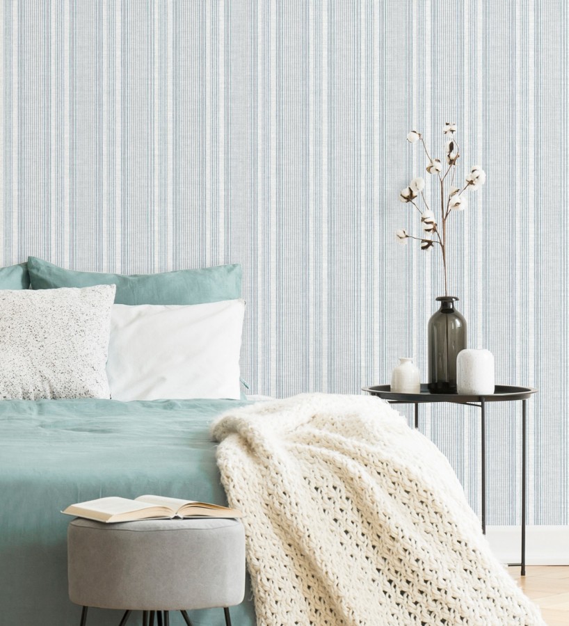 Papel pintado rayas denim efecto lino natural  Kensington Pinstripe 683753
