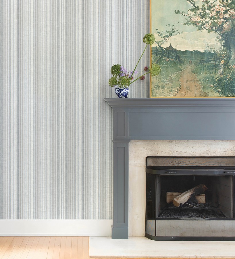 Papel pintado rayas denim efecto lino natural  Kensington Pinstripe 683753
