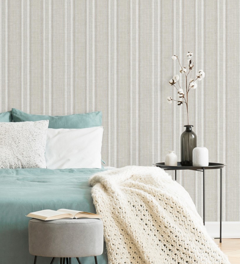 Papel pintado rayas lino gris piedra y arena  Kensington Pinstripe 683754