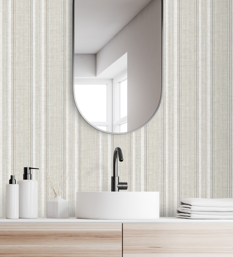 Papel pintado rayas lino gris piedra y arena  Kensington Pinstripe 683754
