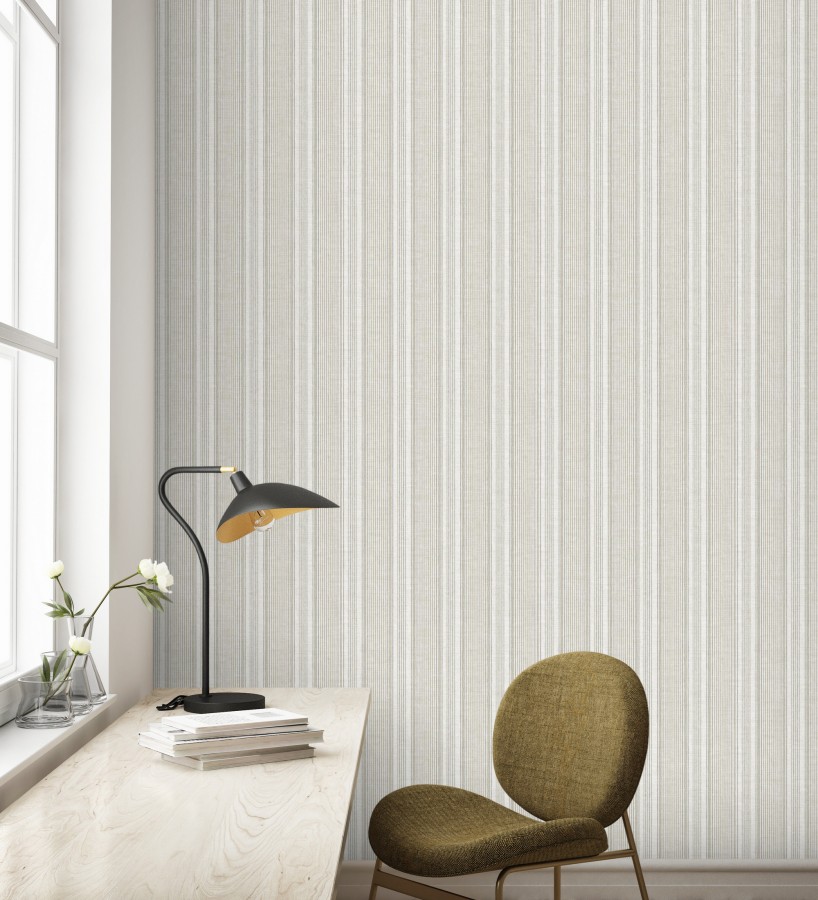 Papel pintado rayas lino gris piedra y arena  Kensington Pinstripe 683754