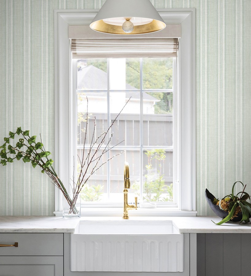 Papel pintado rayas lino verde salvia y azul suave  Kensington Pinstripe 683755
