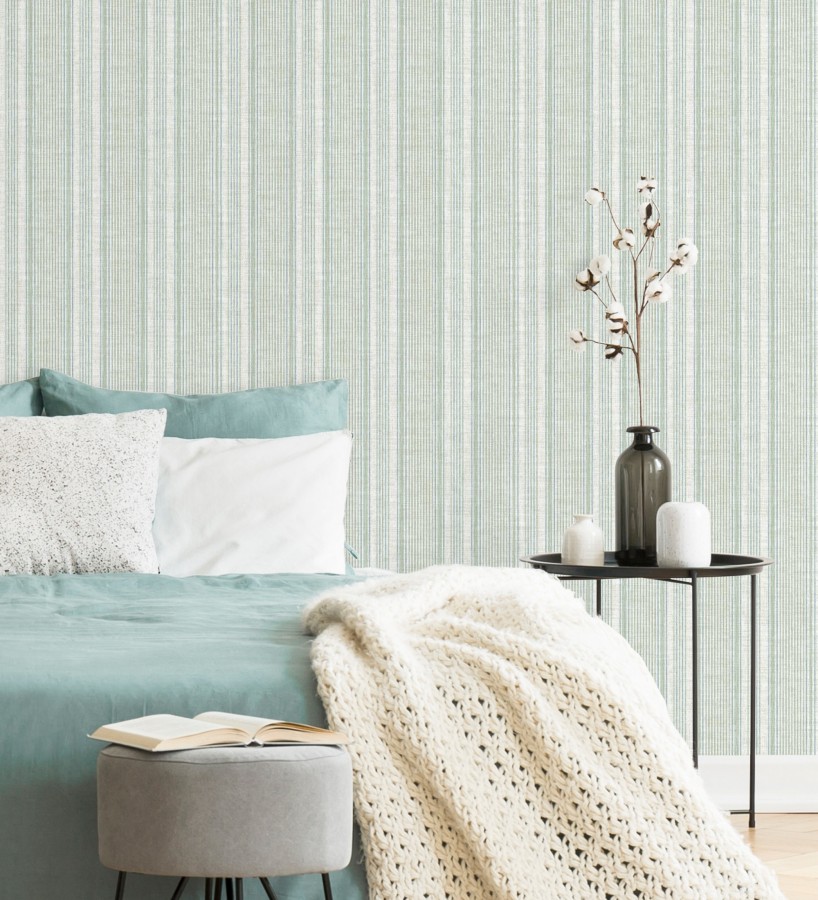 Papel pintado rayas lino verde salvia y azul suave  Kensington Pinstripe 683755