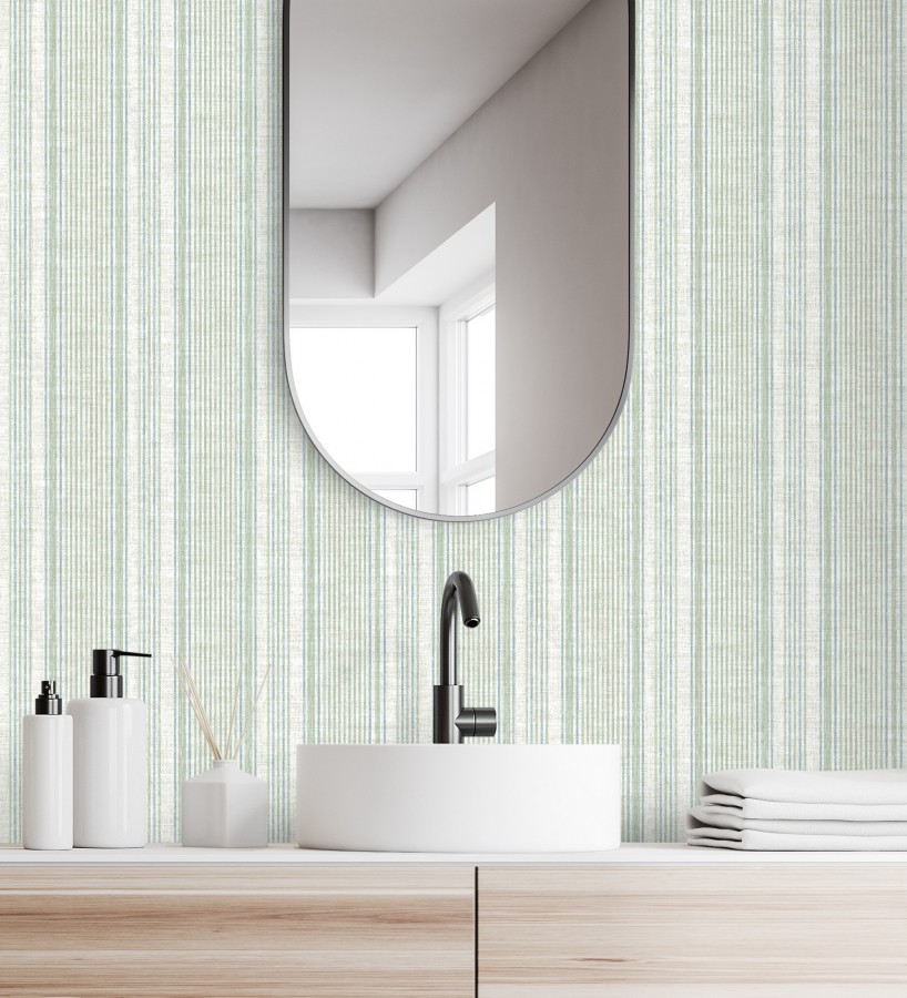 Papel pintado rayas lino verde salvia y azul suave  Kensington Pinstripe 683755