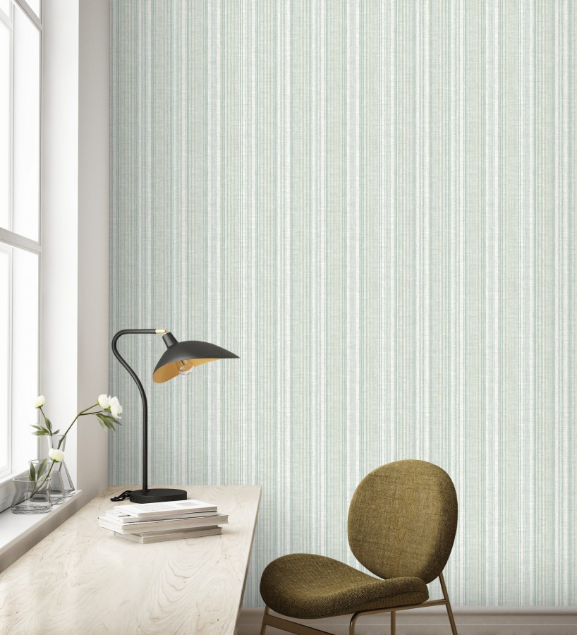 Papel pintado rayas lino verde salvia y azul suave  Kensington Pinstripe 683755