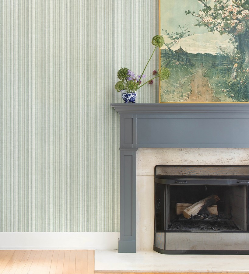 Papel pintado rayas lino verde salvia y azul suave  Kensington Pinstripe 683755
