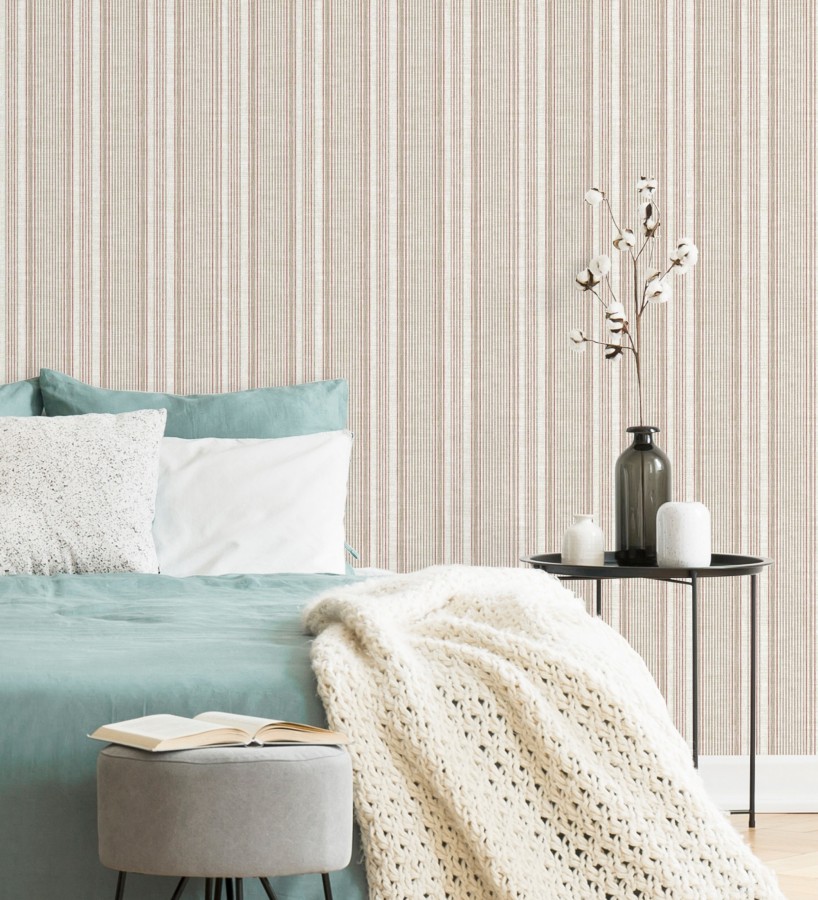 Papel pintado rayas lino terracota y beige cálido  Kensington Pinstripe 683756