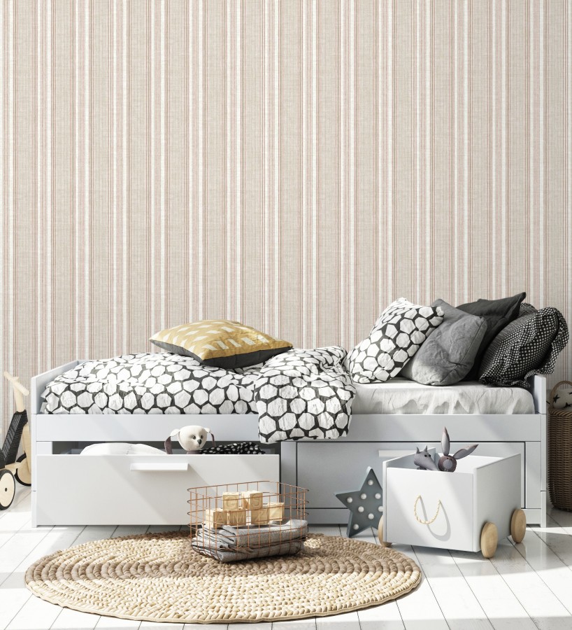 Papel pintado rayas lino terracota y beige cálido  Kensington Pinstripe 683756