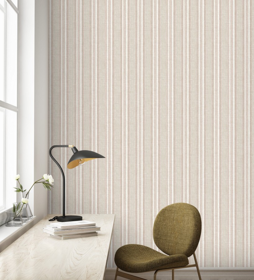 Papel pintado rayas lino terracota y beige cálido  Kensington Pinstripe 683756