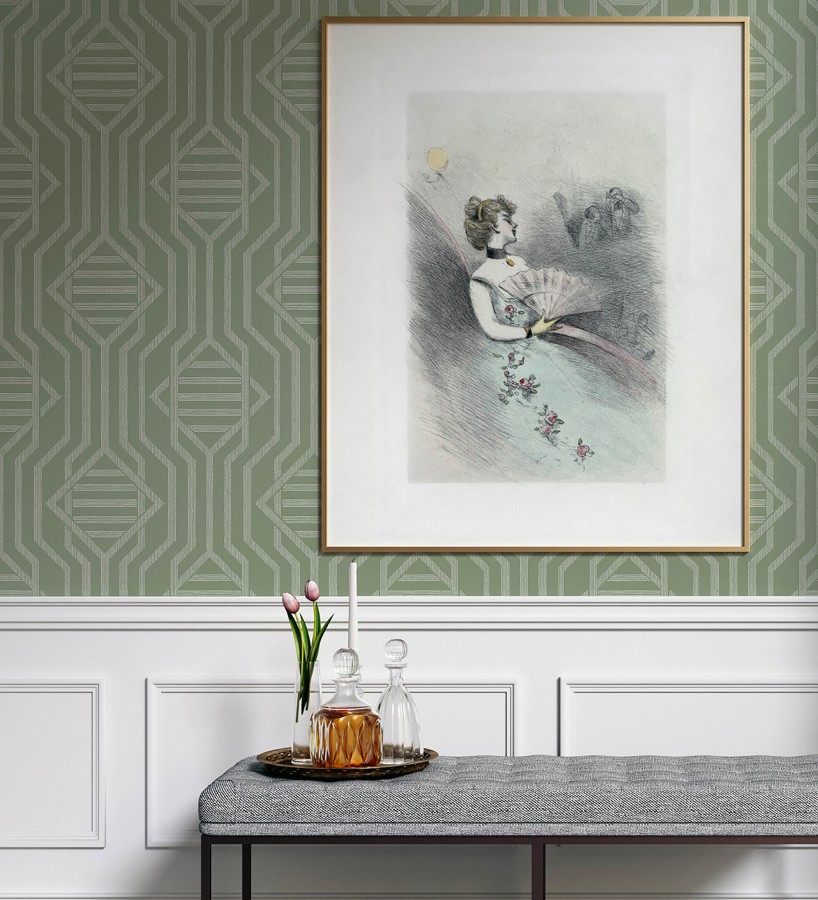 Papel pintado laberinto pictórico verde salvia  Cambridge Symmetry 683761