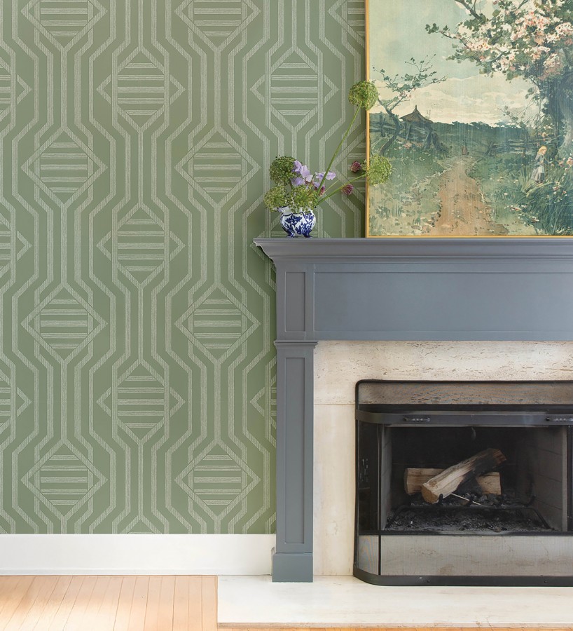 Papel pintado laberinto pictórico verde salvia  Cambridge Symmetry 683761