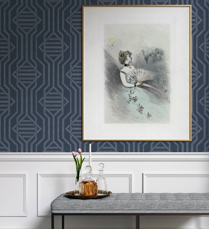 Papel pintado laberinto pictórico azul oscuro  Cambridge Symmetry 683762